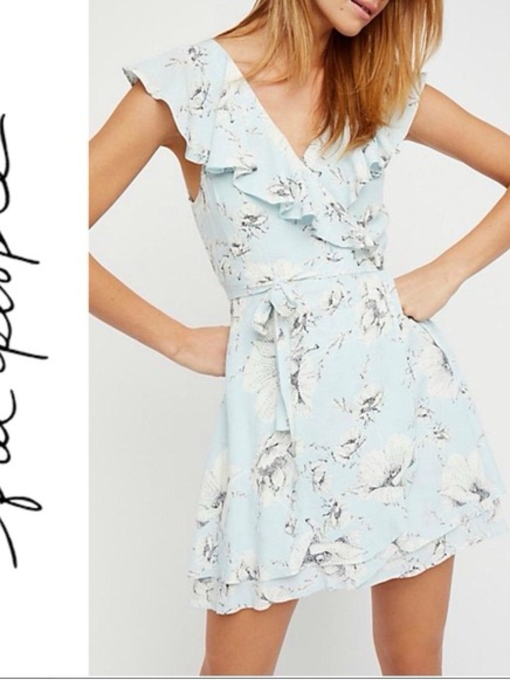 Free People Light Blue Floral Tie Dress